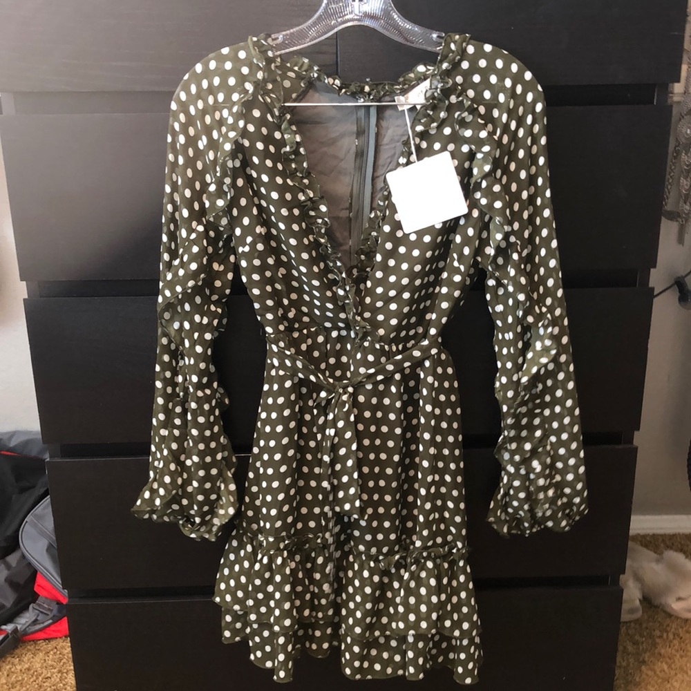 Army green and white polka dot long sleeve dress